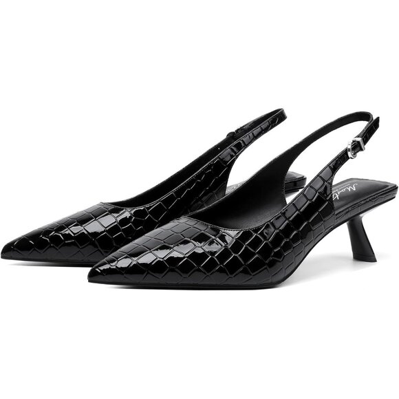 Black Croc Pointed Toe Leather Low Heel Slingback Heels with Buckle Dress Shoe - Picture 3 of 9